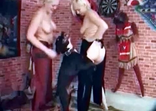 Sexy whores are sharing a massive dog